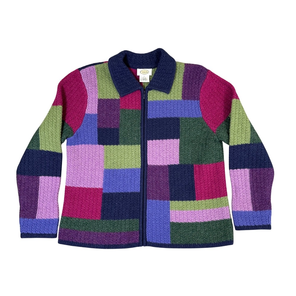 Talbots Multi Color Patchwork 100% Wool Full Zip Cardigan Sweater Large